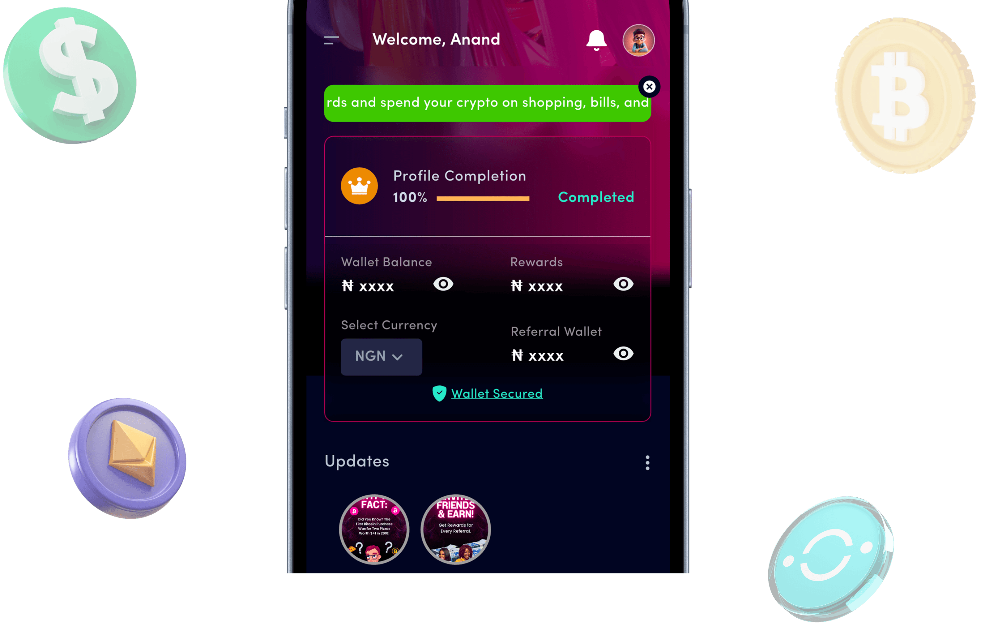 Flutter Crypto App for iOS, Android, Web & Desktop interface with crypto wallet and coins