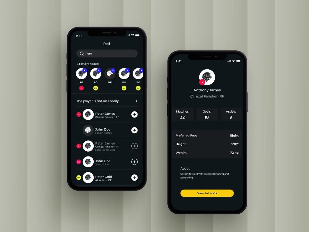 Footify app screens showing game RSVPs, published line-ups and squad leaderboards