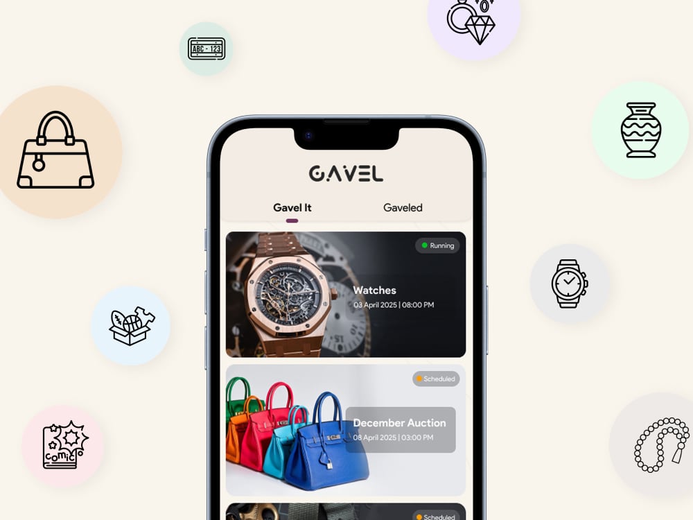 Gavel luxury auction app shown across live bidding and lot listing screens