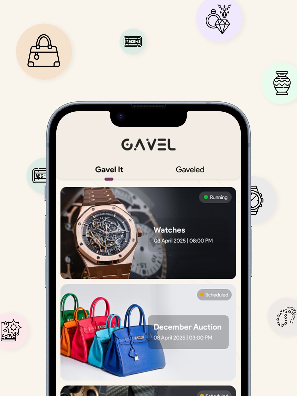Gavel app home screen showing running and scheduled auctions for watches and bags