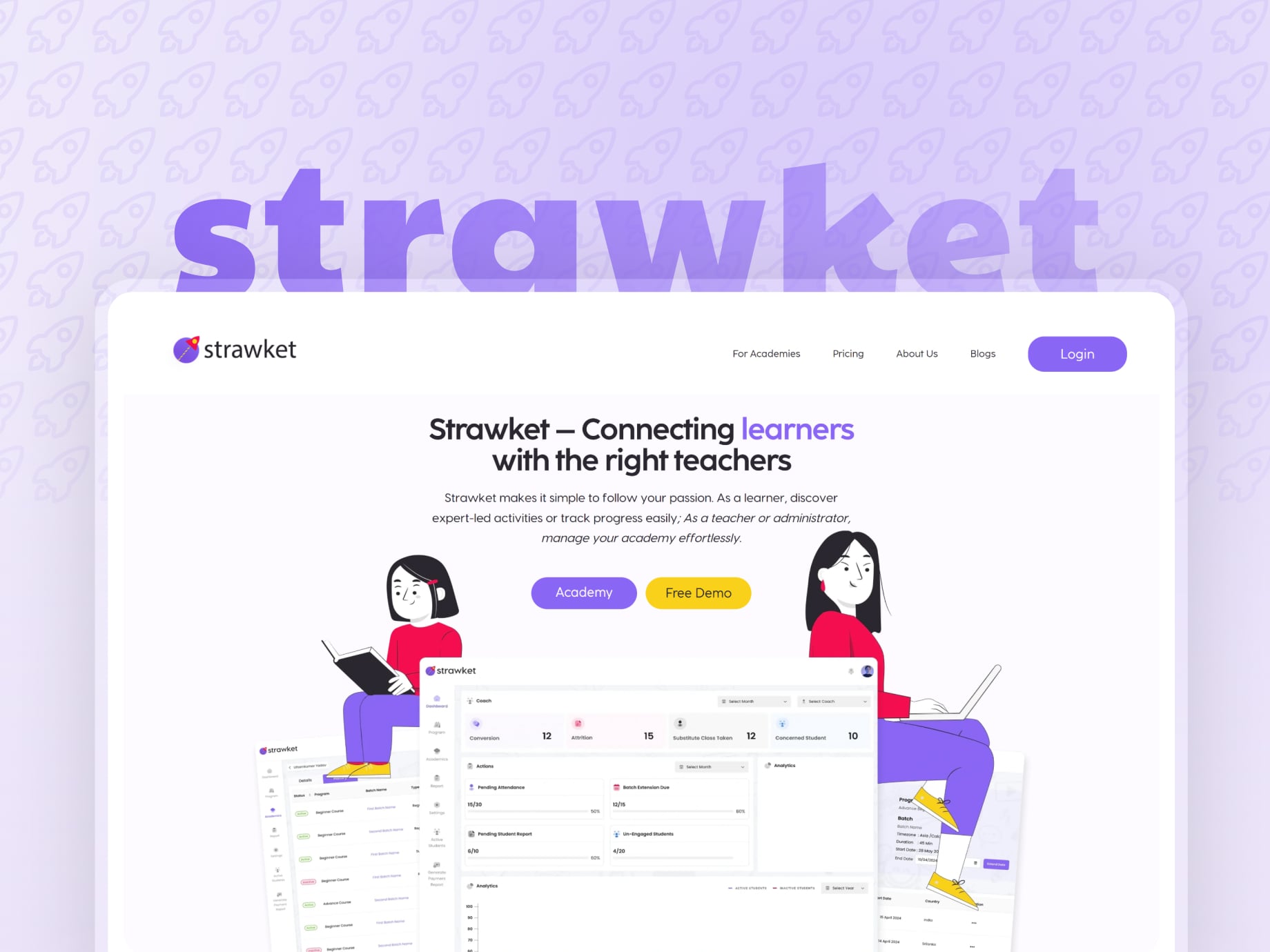 Strawket platform design showing the marketing site and the academy console dashboard