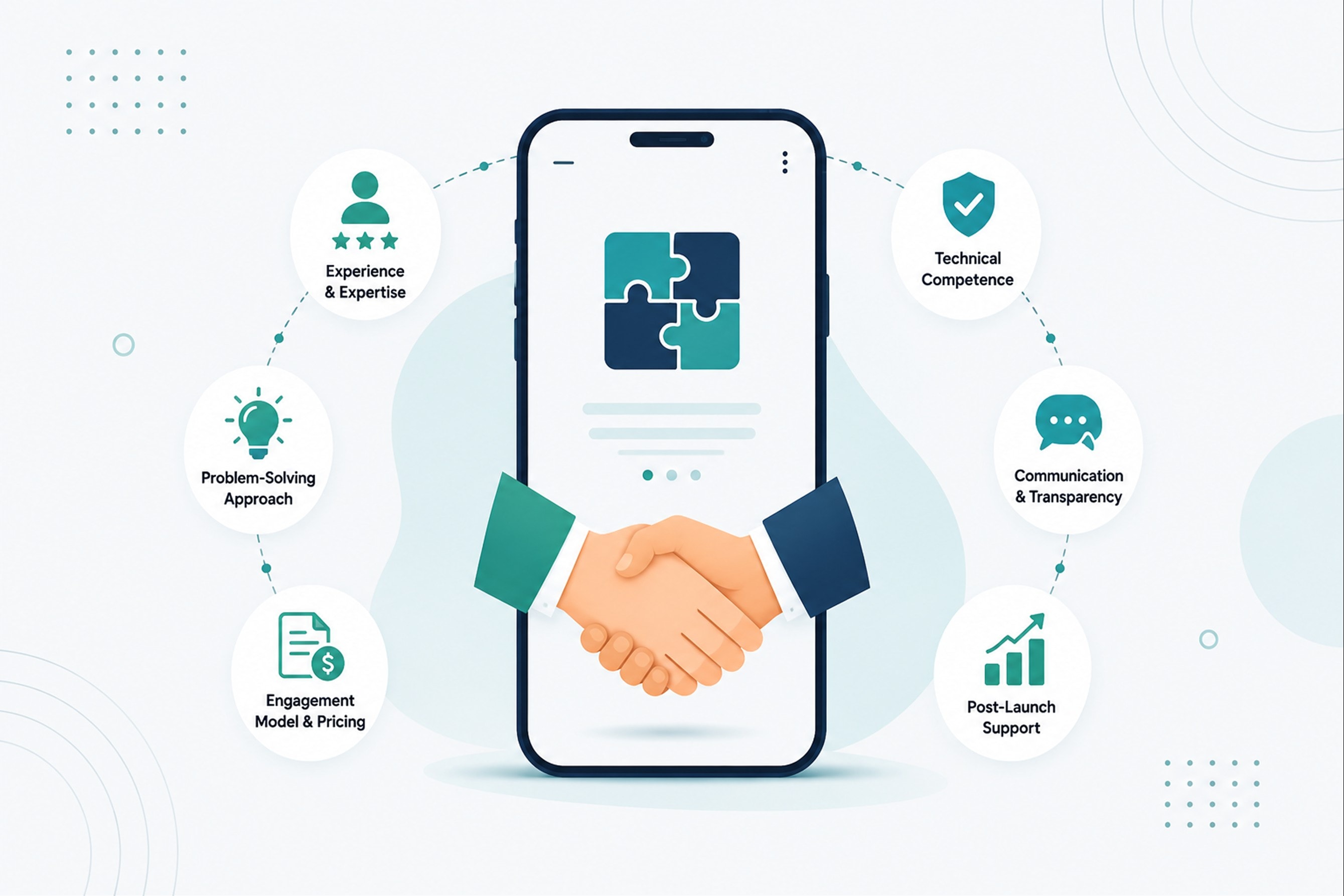 A handshake in front of a phone screen, surrounded by icons for technical competence, communication, engagement and post launch support