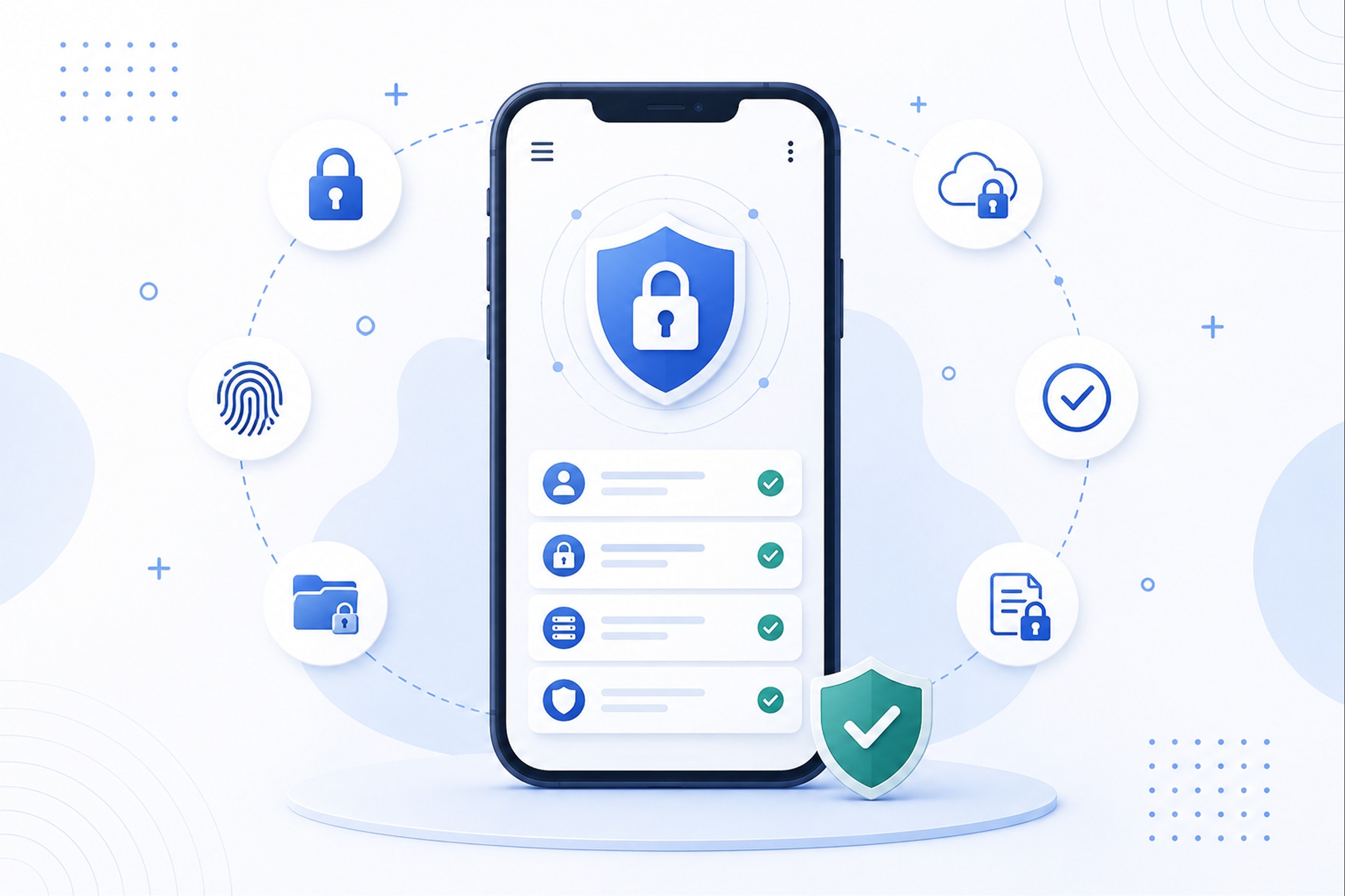 A phone showing a security shield and a checklist of encrypted, authenticated and verified items, surrounded by lock, fingerprint and cloud security icons