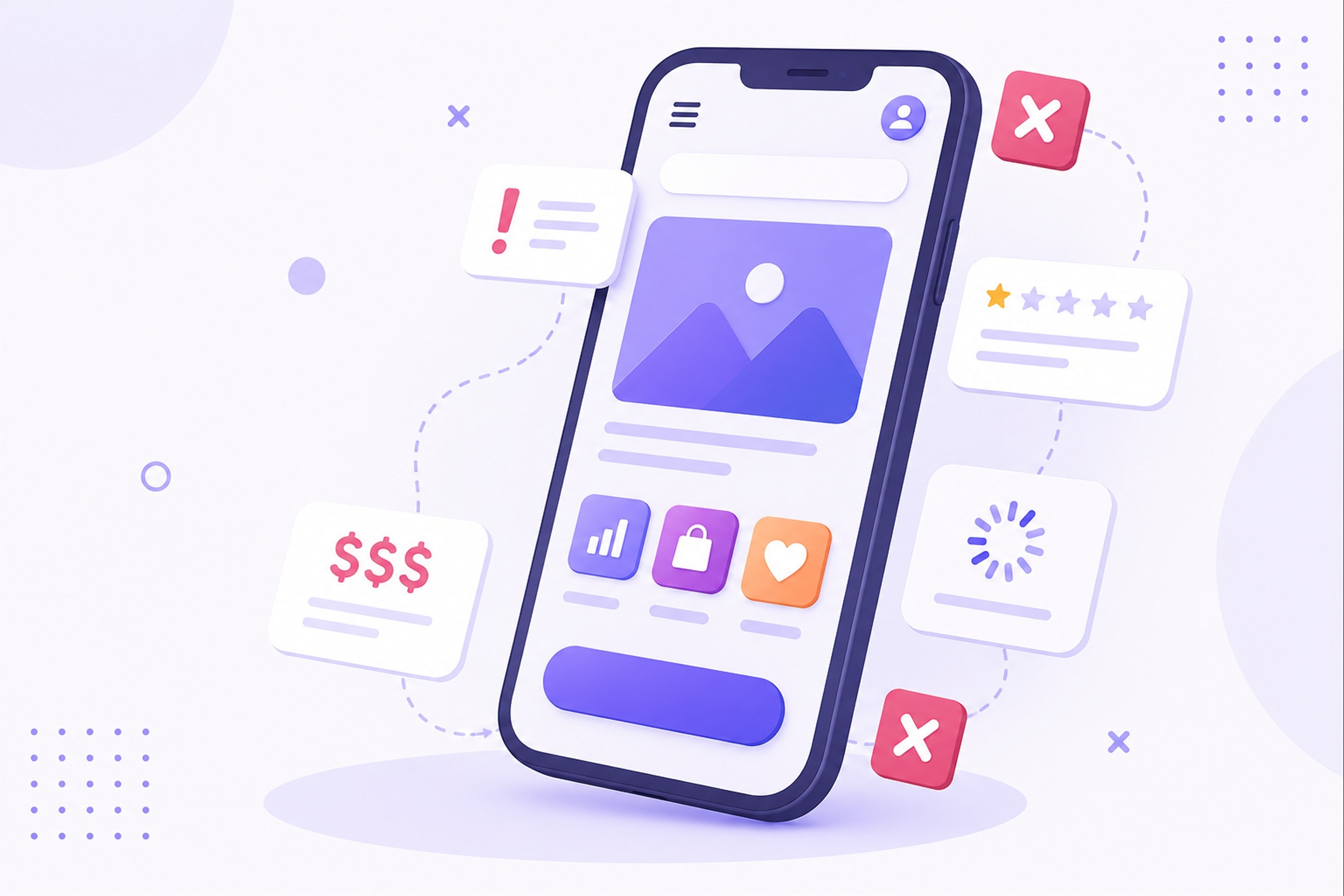A tilted phone screen surrounded by error crosses, a one star rating, a loading spinner and a dollar figure, illustrating common UI and UX mistakes