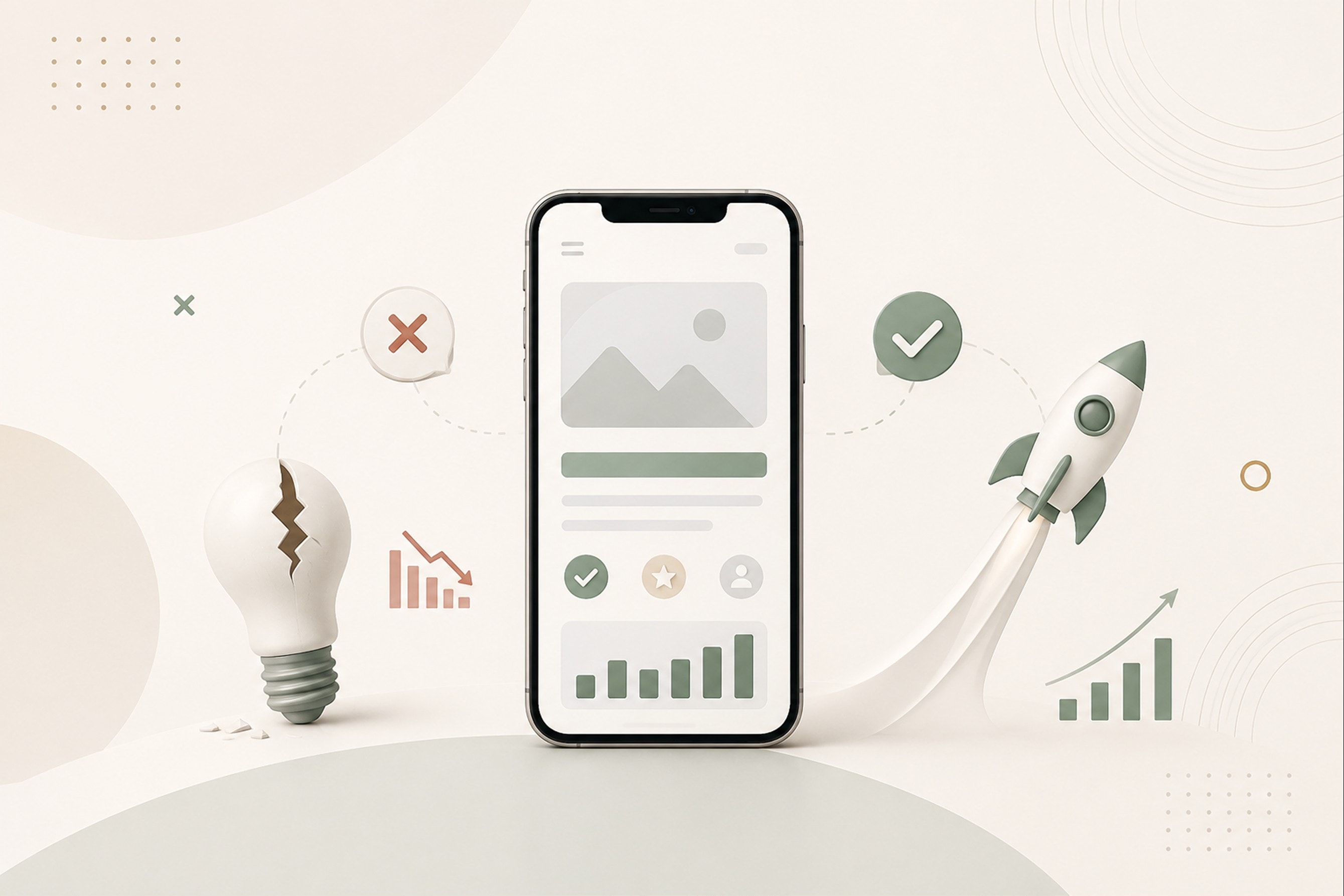 A cracked light bulb next to a phone screen and a rocket taking off, illustrating an idea that failed and the growth path that follows an MVP done right