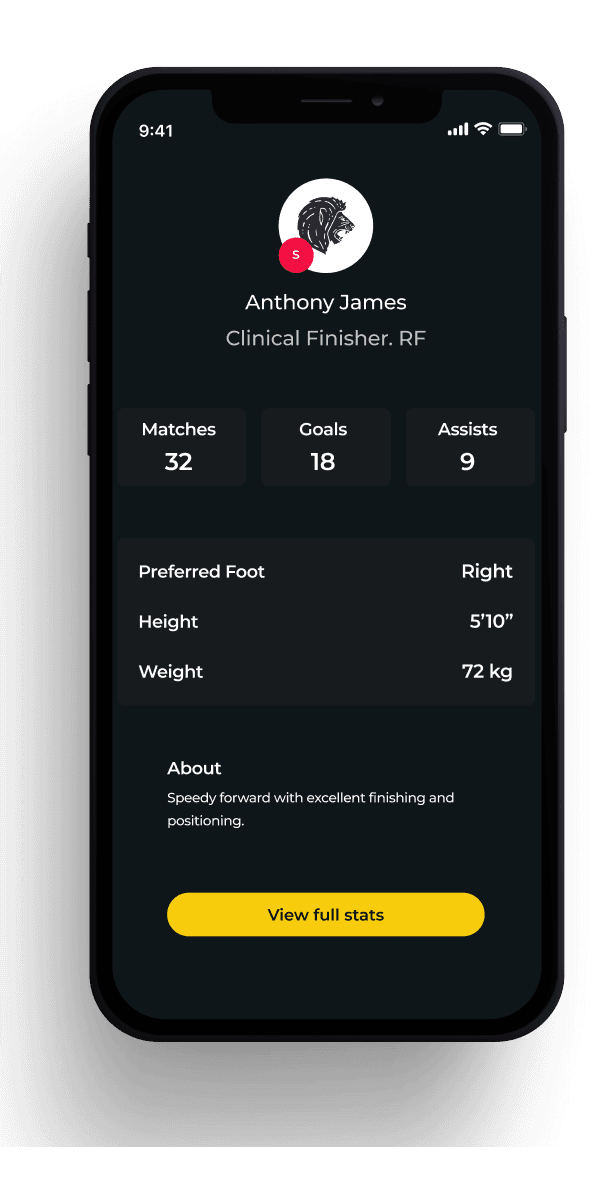 Footify player profile screen showing matches, goals, assists, preferred foot, height and weight