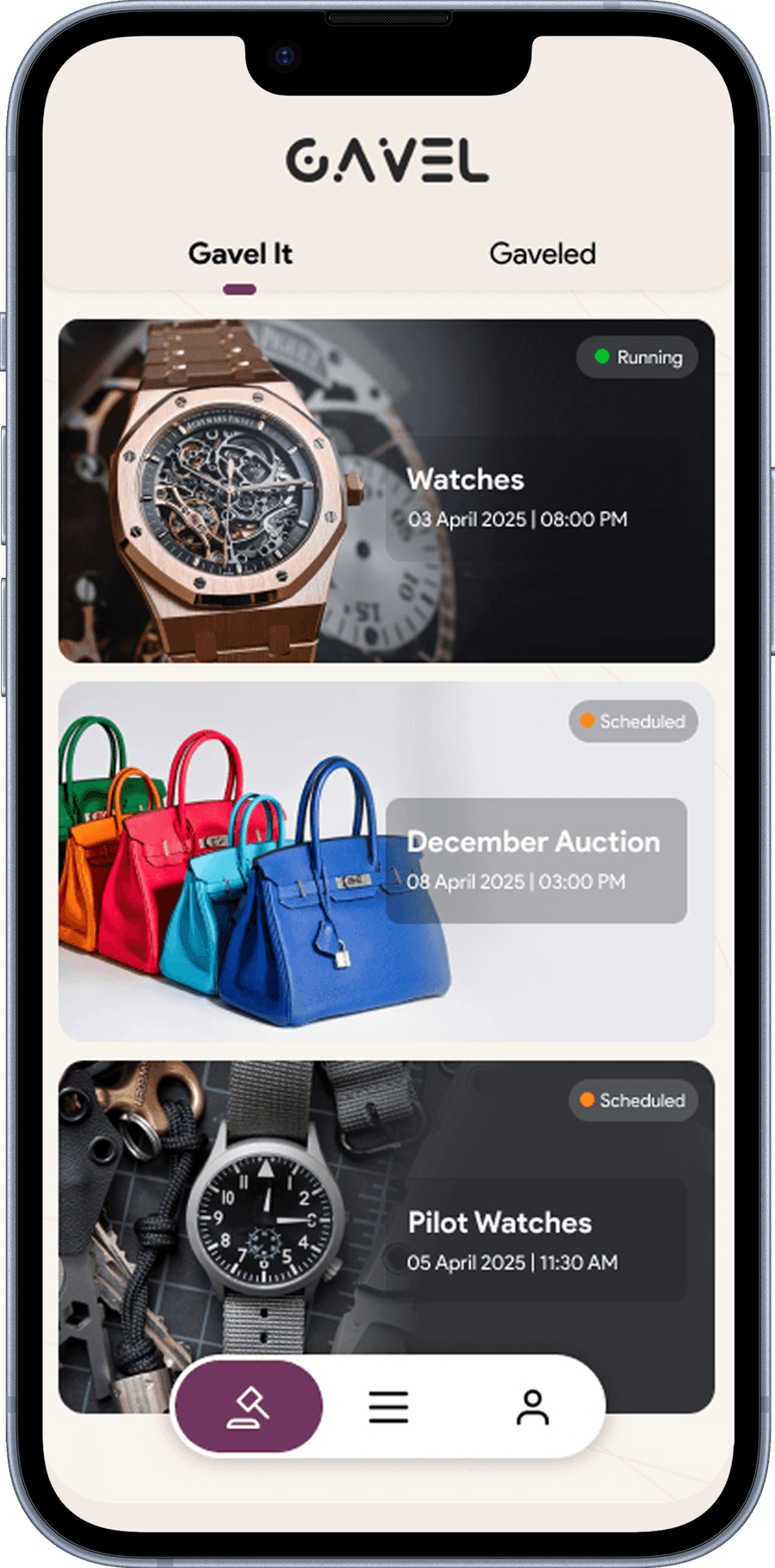 Gavel app home screen with running and scheduled auctions for watches, bags and pilot watches