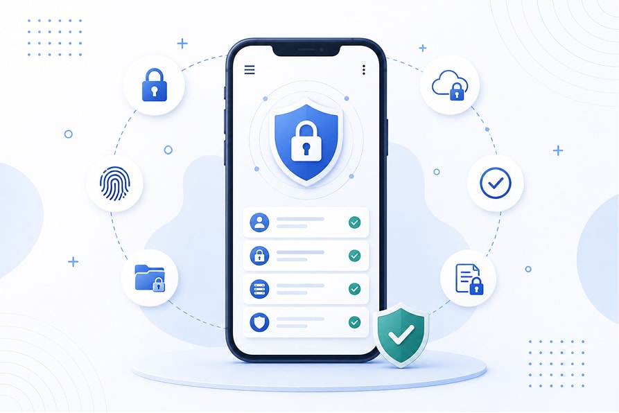 A phone showing a security shield and a checklist of encrypted, authenticated and verified items, surrounded by lock, fingerprint and cloud security icons