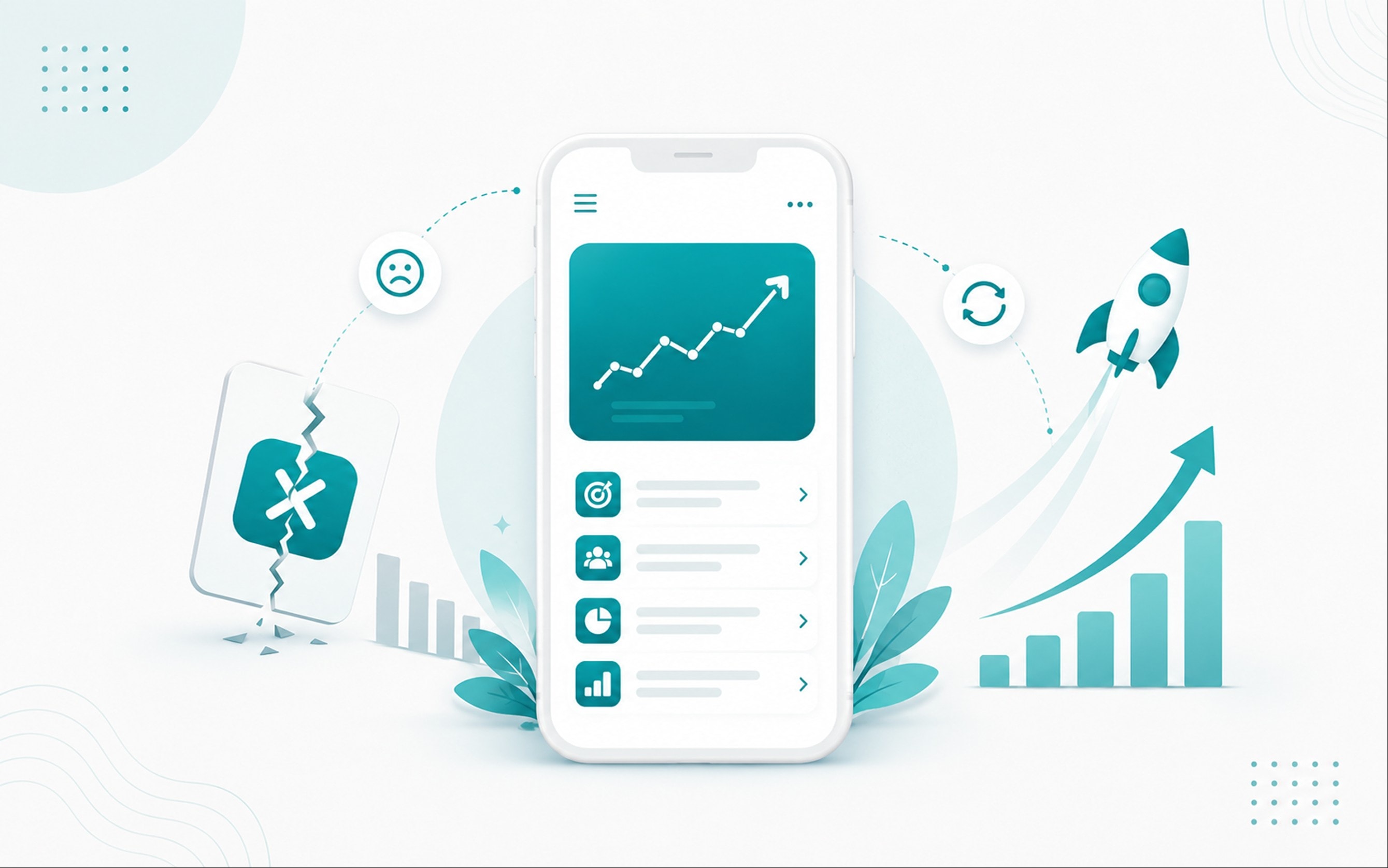A phone showing a rising growth chart next to a broken app icon and a refresh icon, with a rocket climbing behind it