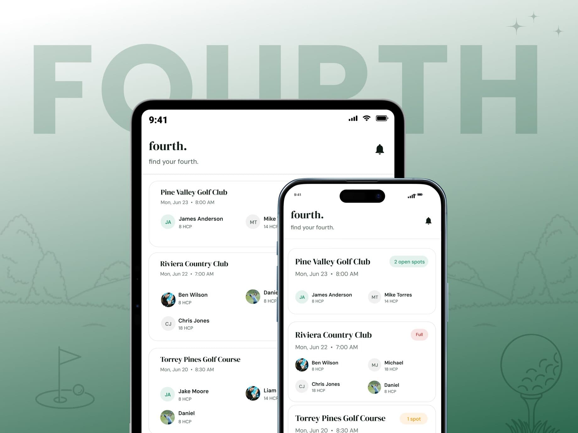 The fourth tee time feed rendered on a tablet and a phone