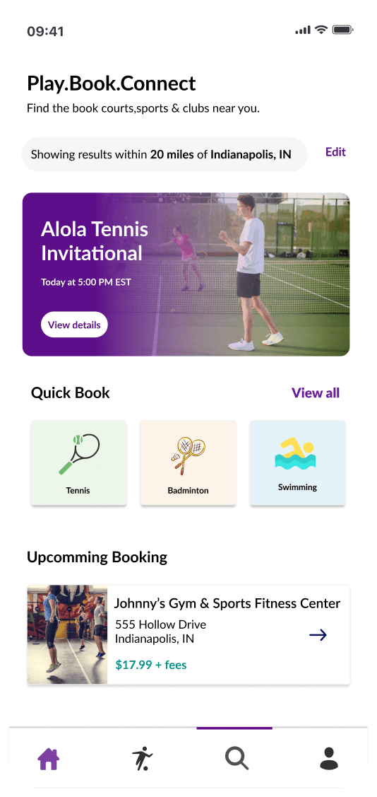 ActivePass home feed showing a featured tennis event, quick book sport categories and an upcoming booking