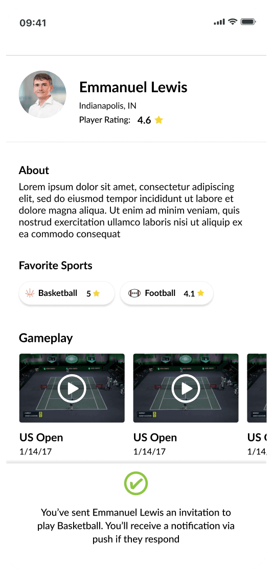 ActivePass player profile with player rating, favourite sports, gameplay clips and a sent invitation to play