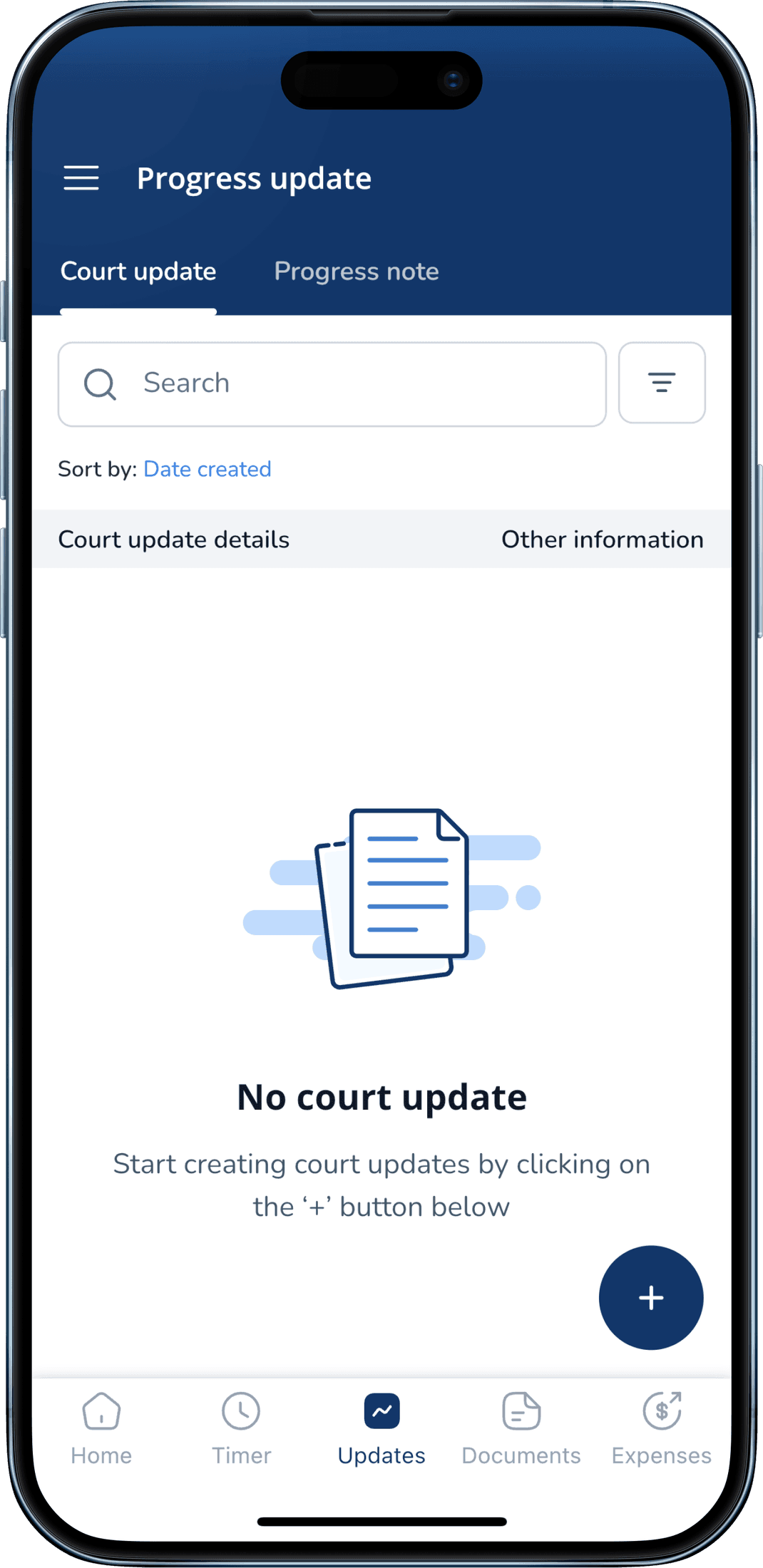 DigitsLaw app court update list showing an empty state with a floating add button