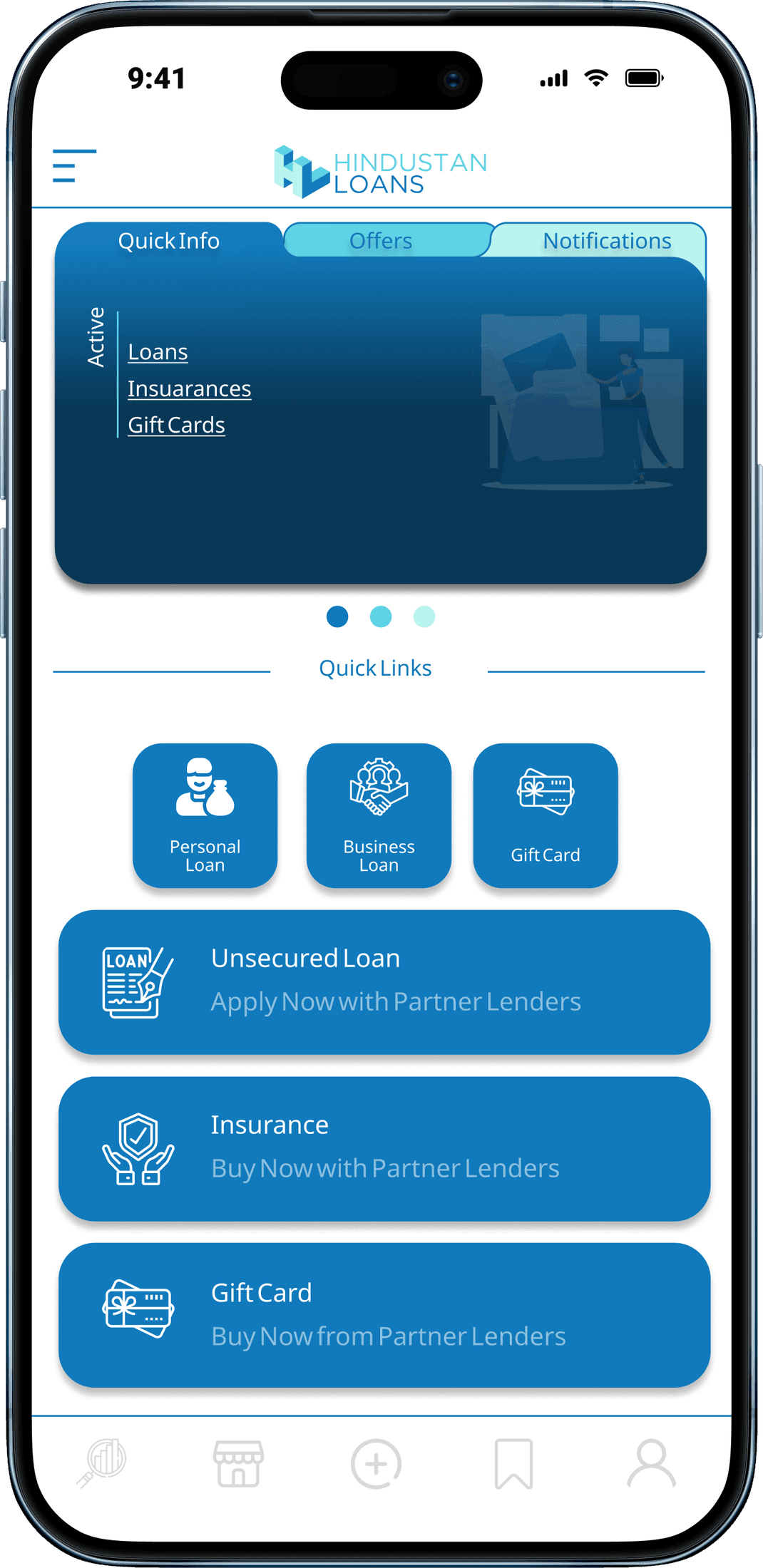 Hindustan Loans app home screen showing active loans, insurance, gift cards and quick links