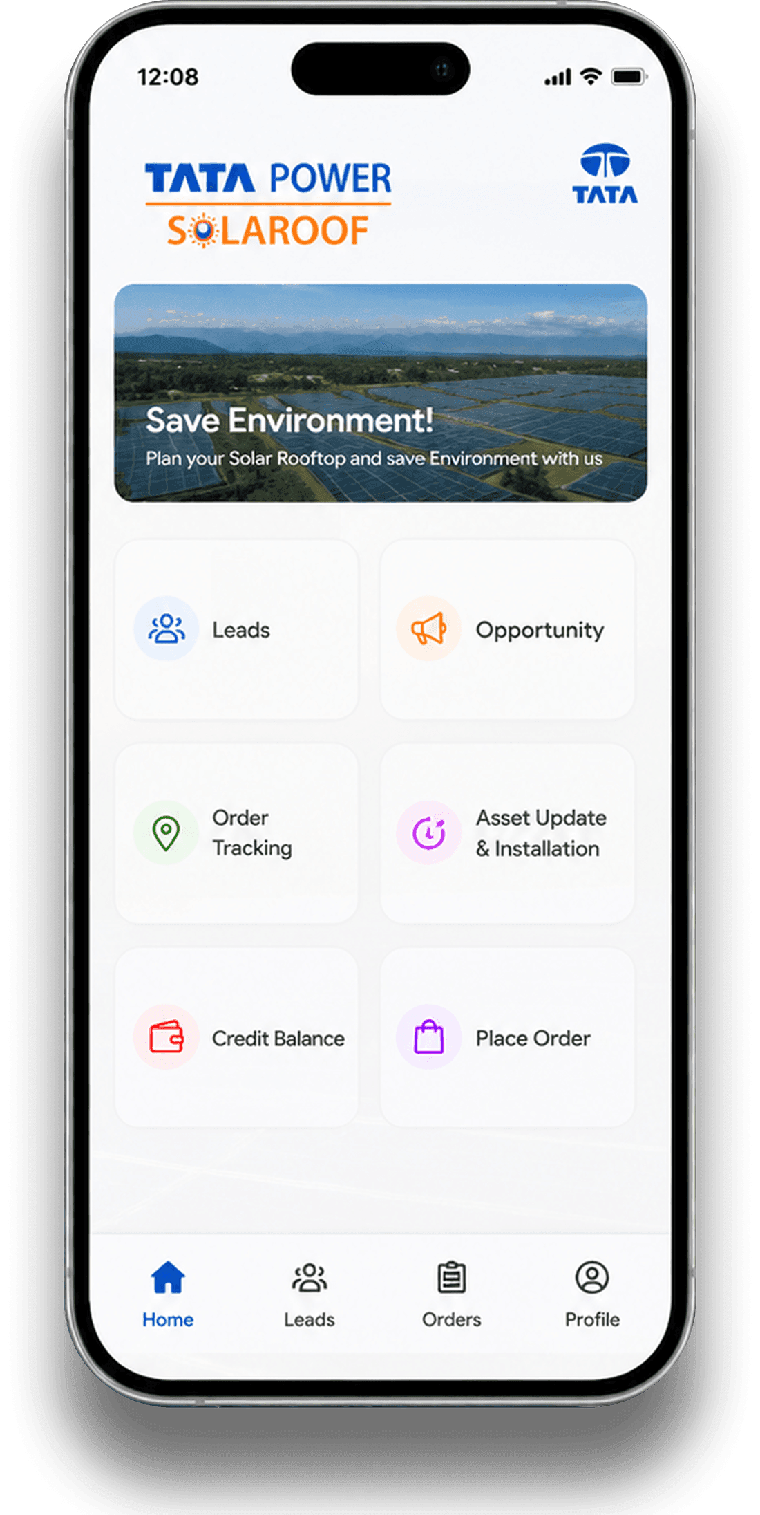 Tata Power Solaroof partner app home screen showing leads, opportunity, order tracking, asset installation, credit balance and place order tiles