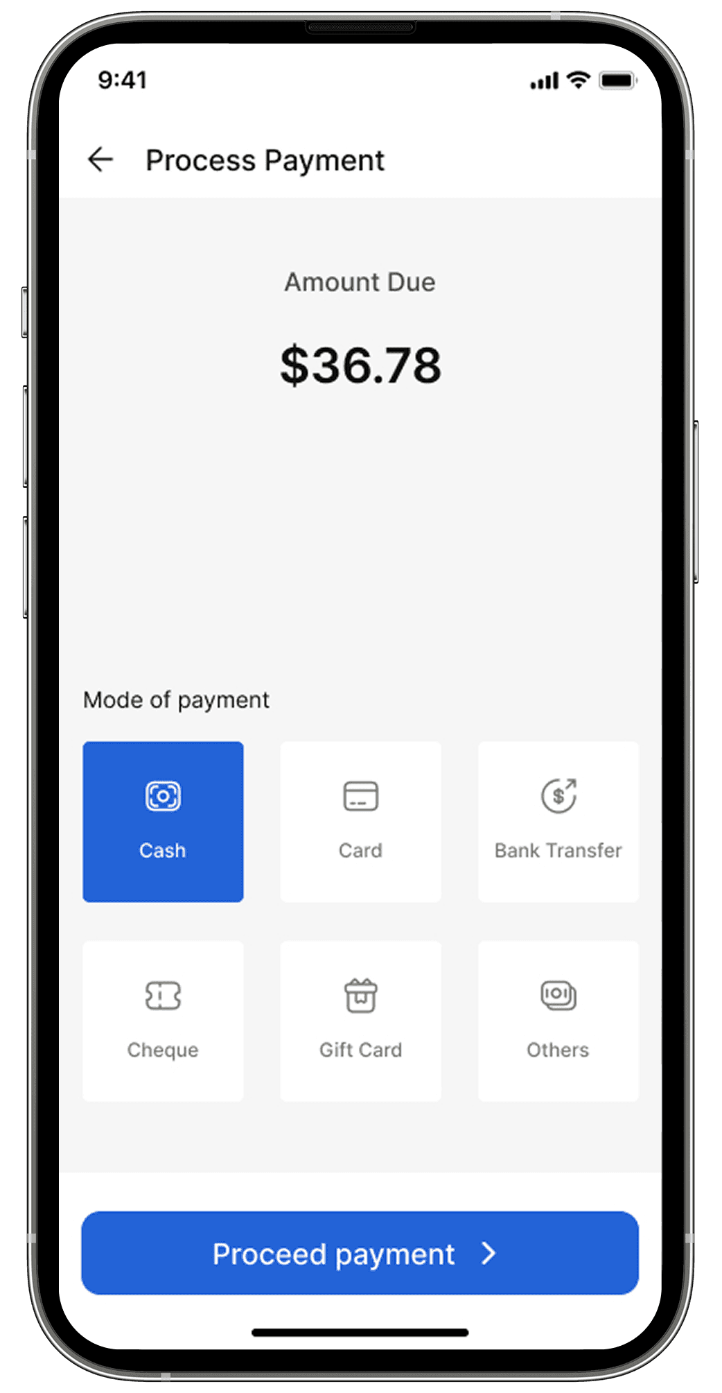 Vencru POS process payment screen with the amount due and a grid of payment methods