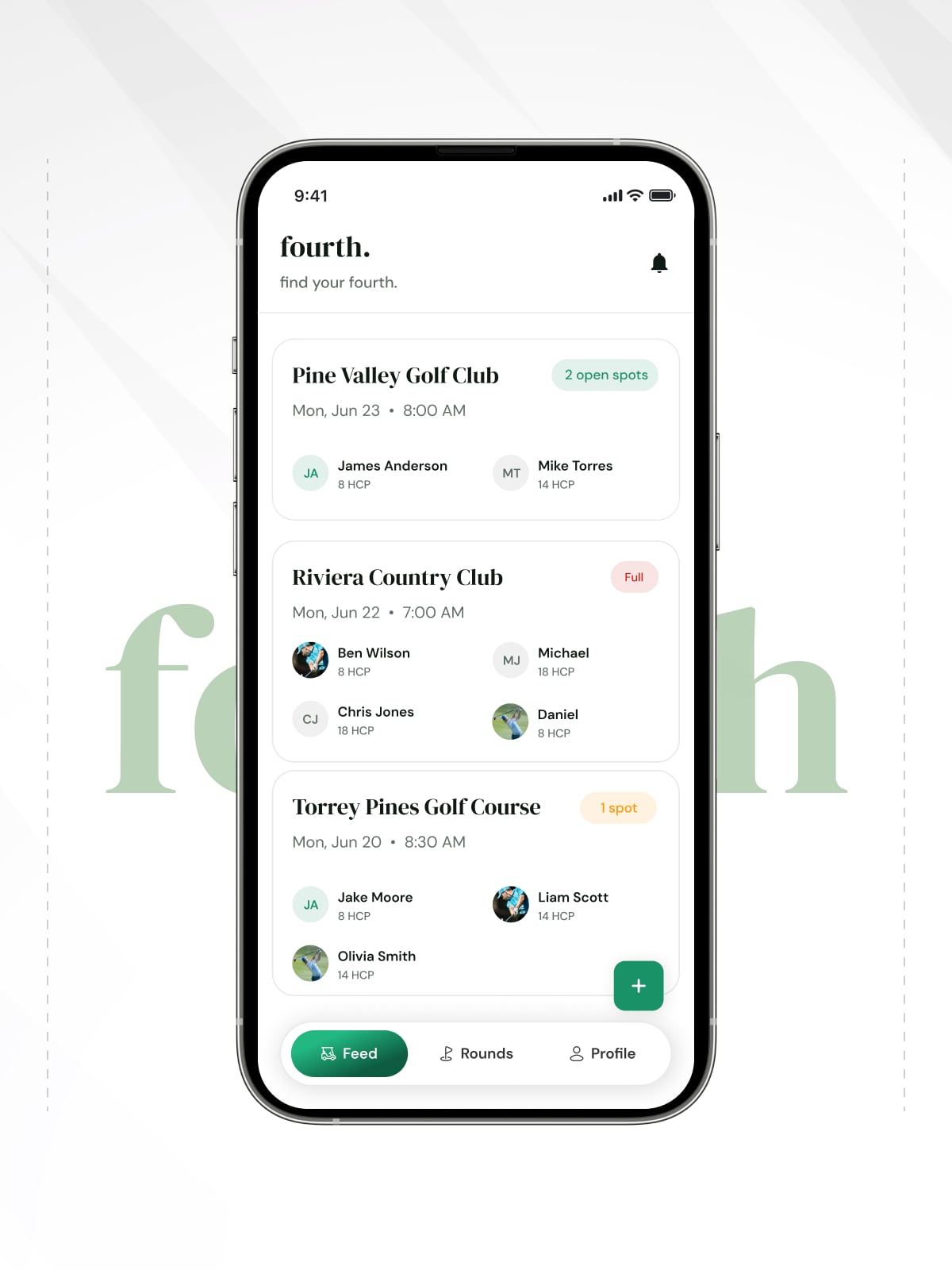 fourth. app home feed showing public tee times with live spot counts