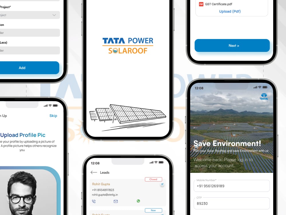 Enterprise B2B channel sales app for Tata Power Solar shown across app screens