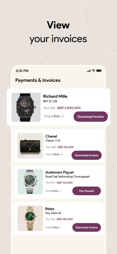 Gavel Auctions view invoices - Automatic invoice generation after secure Stripe payment