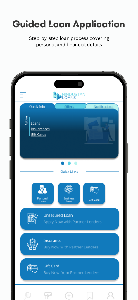 Hindustan Loan App home screen - Dashboard with loan options and quick access features