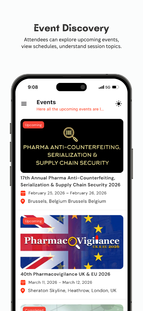 Virtue Insight Connect events screen - Browse upcoming conferences and event schedules