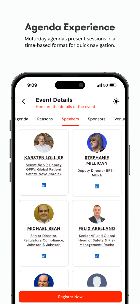 Virtue Insight Connect speakers screen - View speaker profiles and session information