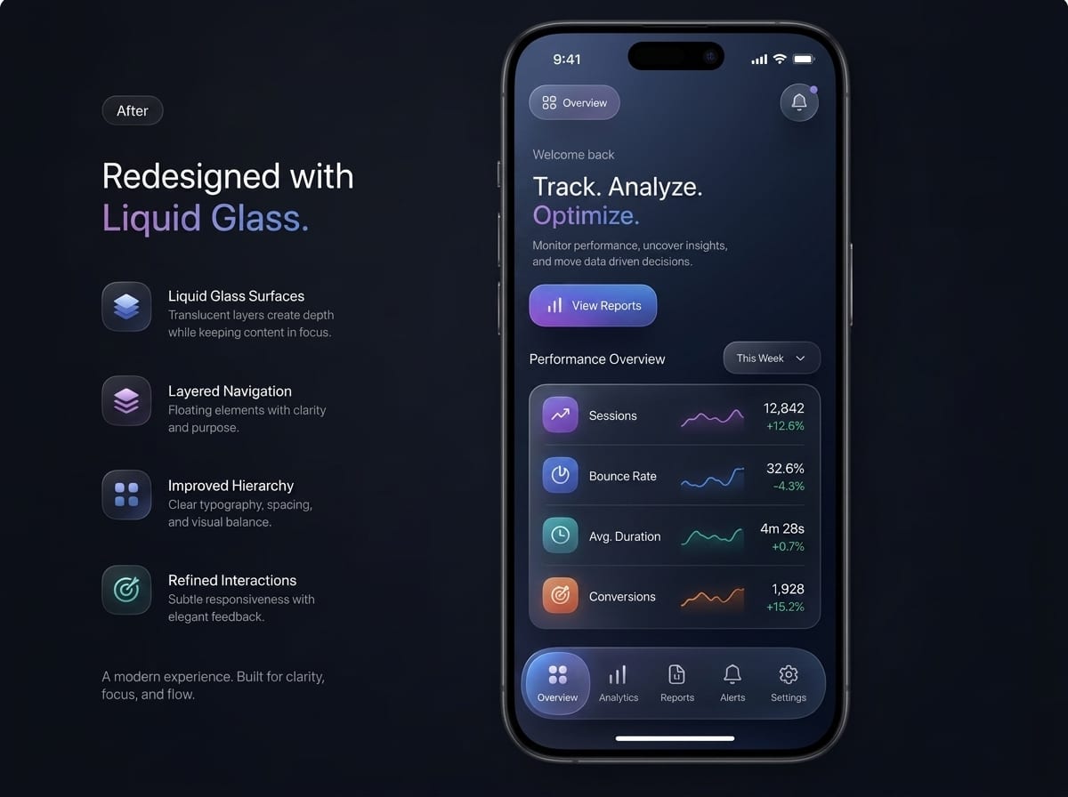 After screenshot of redesigned iOS app interface with Liquid Glass